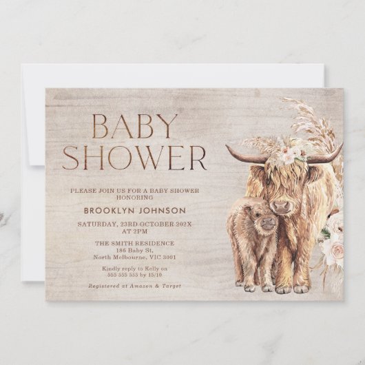 Invitation Rustic Highland Cow Baby shower de la vache Invita (Devant)