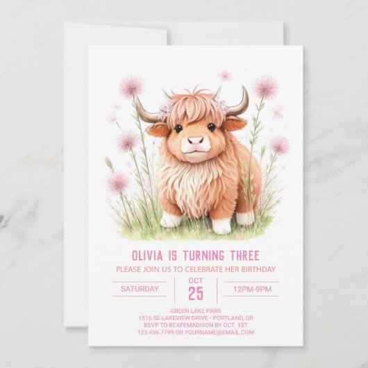 Invitation Rustic Highland Cow Farmyard Girl Anniversaire (Devant)