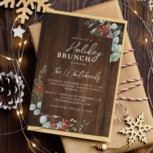 Invitation Rustic Holiday Brunch Aquarelle Holly Dark Wood