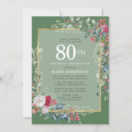 Invitation Rustic Holly Berries Botanical 80e fête d'annivers (Devant)