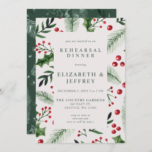 Invitation Rustic Holly Berries Dîner de répétition de Noël (Devant / Derrière)