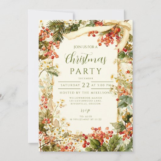 Invitation Rustic Holly Berry Noël (Devant)