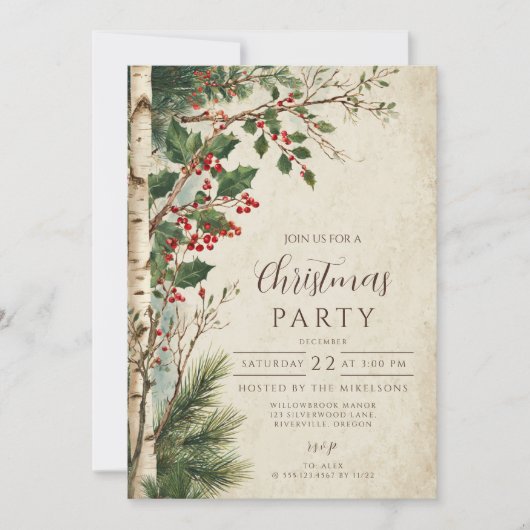 Invitation Rustic Holly Berry Noël (Devant)