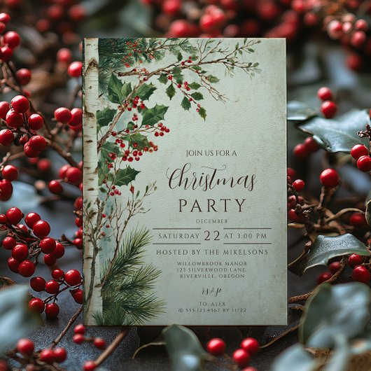 Invitation Rustic Holly Berry Noël