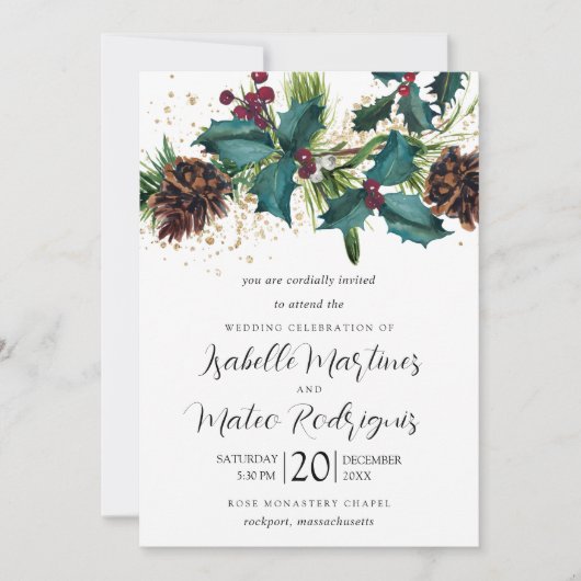 Invitation Rustic Holly et Berries Mariage botanique d'hiver (Devant)