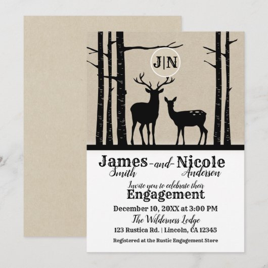 Invitation Rustic Homme Femme Doe Deer Black Birch Fiançaille (Devant / Derrière)