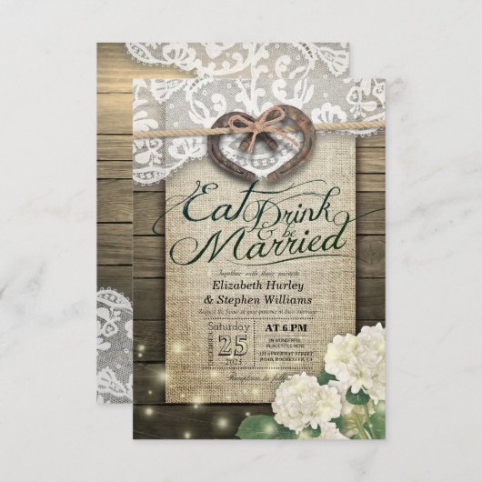Invitation Rustic Horseshoe Lace EAT Boire Soyez Marié Mariag (Devant / Derrière)