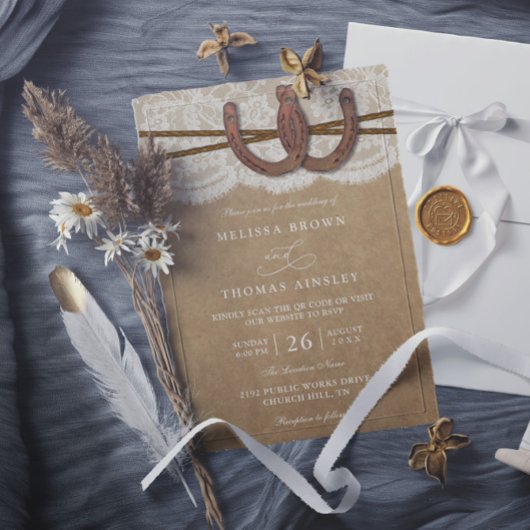 Invitation Rustic Horseshoe On Kraft & Lace QR Code Wedding