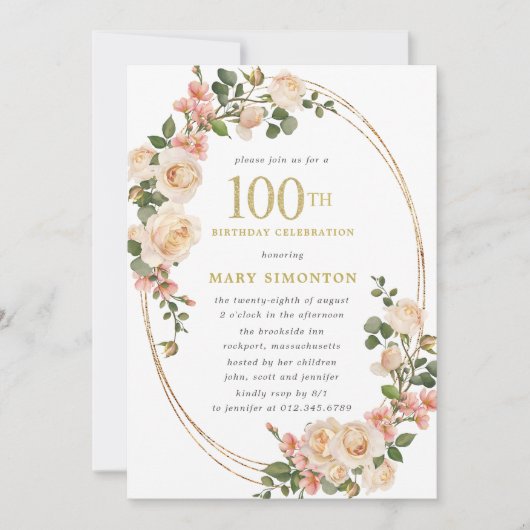 Invitation Rustic Ivory White Rose 100e fête d'anniversaire (Devant)
