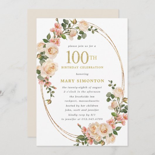 Invitation Rustic Ivory White Rose 100e fête d'anniversaire (Devant / Derrière)