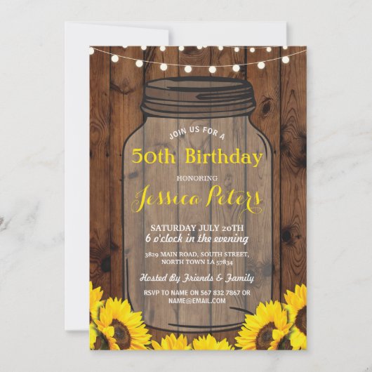 Invitation Rustic Jar fête d'anniversaire Wood Sunflower Invi (Devant)