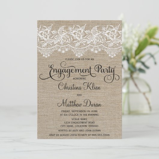 Invitation Rustic Jute et Lace Engagement Party (Debout devant)