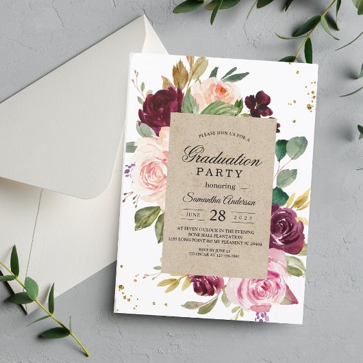 Invitation Rustic Kraft & Burgundy Floral Graduation Party