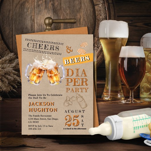 Invitation Rustic Kraft Cheers & Beers Diaper Party
