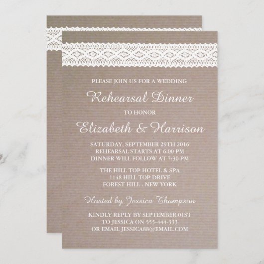 Invitation Rustic Kraft, Dîner de répétition Mariage en dente (Devant / Derrière)