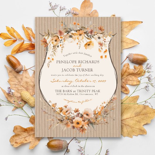 Invitation Rustic Kraft Fall Floral Autumn Leaf Brown Wedding