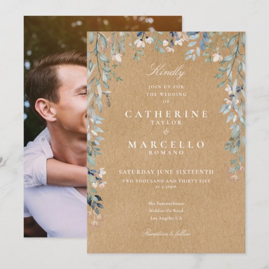 Invitation Rustic Kraft Fleur sauvage Floral Photo Mariage (Devant / Derrière)