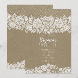 Invitation Rustic Kraft Lace Farmhouse Sweet 16 Anniversaire