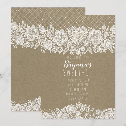 Invitation Rustic Kraft Lace Farmhouse Sweet 16 Anniversaire (Devant / Derrière)
