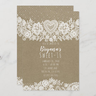 Invitation Rustic Kraft Lace Farmhouse Sweet 16 Anniversaire