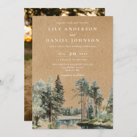 Invitation Rustic Kraft Lake Forest Woodland Mariage photo (Devant / Derrière)