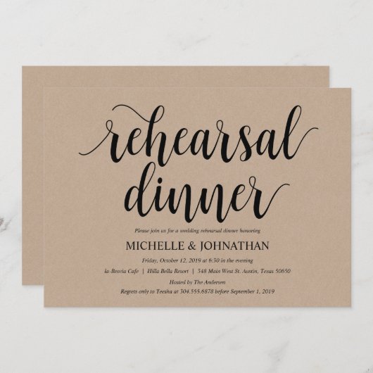 Invitation Rustic Kraft Mariage Dîner de répétition Invitatio (Devant / Derrière)