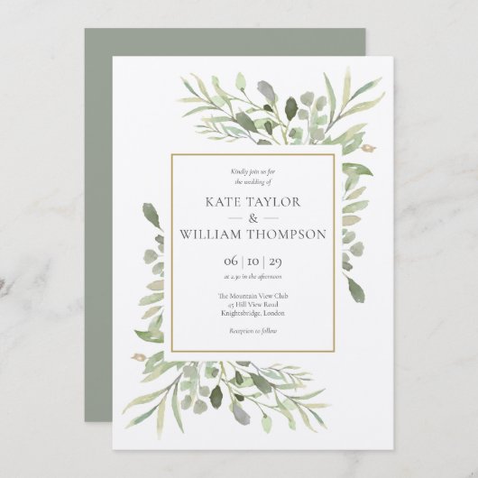 Invitation Rustic Kraft Mariage Feuille de verdure (Devant / Derrière)