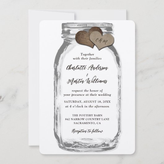 Invitation Rustic Kraft Mason Jar Deux Burlap Hearts Mariage (Devant)