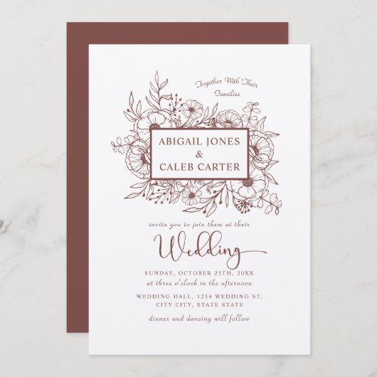 Invitation Rustic Kraft Papier Floral Croquis Mariage Invitat (Devant / Derrière)