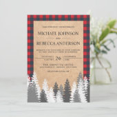 Invitation Rustic Kraft Rouge Plaid Épinette Blanche Mariage (Debout devant)