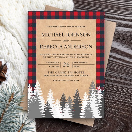 Invitation Rustic Kraft Rouge Plaid Épinette Blanche Mariage