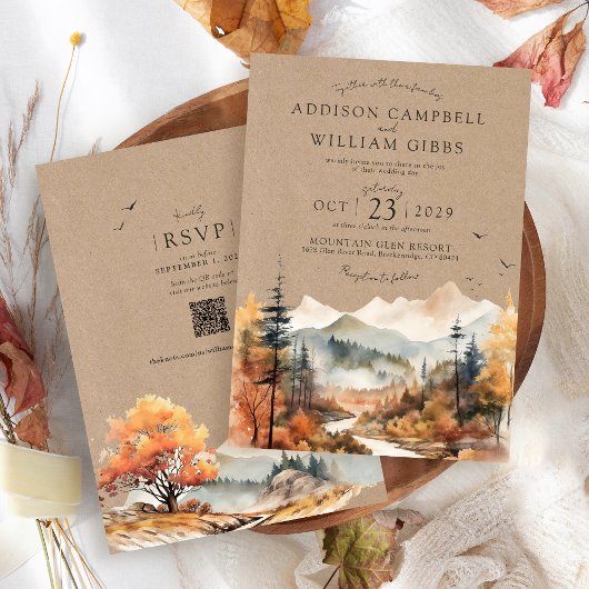 Invitation Rustic Kraft Watercolor Fall Tree Mountain Wedding