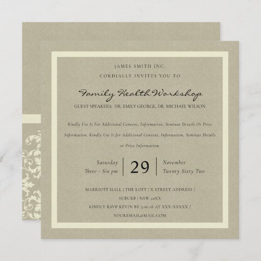 INVITATION RUSTIC KRAFT WHITE DAMASK CLASSIQUE ATELIER ÉVÉNEM (Devant / Derrière)