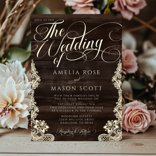 Invitation Rustic Lace and Wood Script Calligraphy Wedding