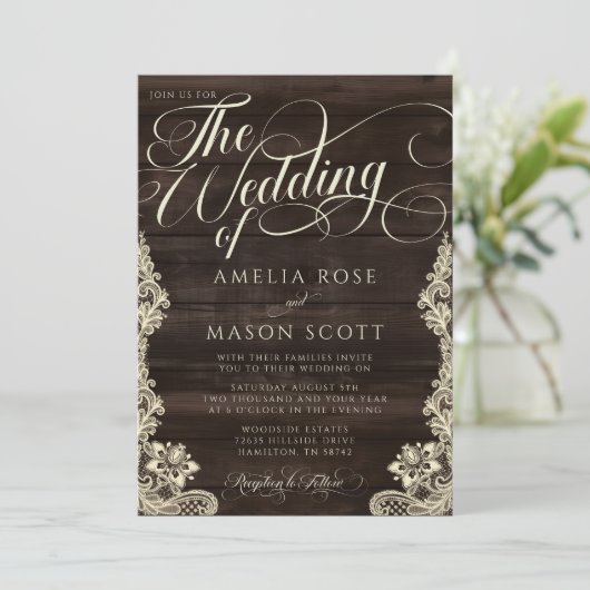 Invitation Rustic Lace and Wood Script Calligraphy Wedding (Debout devant)
