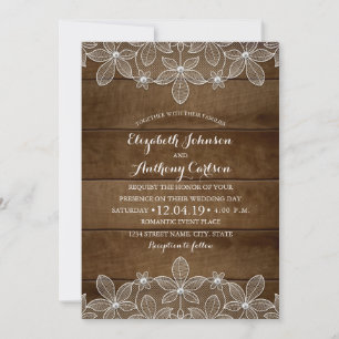 Invitation Rustic Lace Country Wood Vintage Mariage de luxe