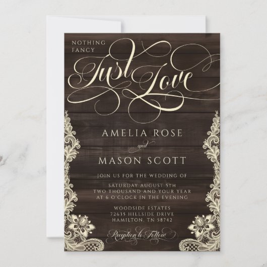 Invitation Rustic Lace Dark Wood Just Love Script Wedding (Devant)