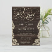 Invitation Rustic Lace Dark Wood Just Love Script Wedding (Debout devant)