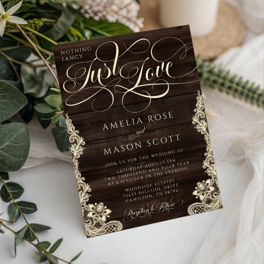 Invitation Rustic Lace Dark Wood Just Love Script Wedding
