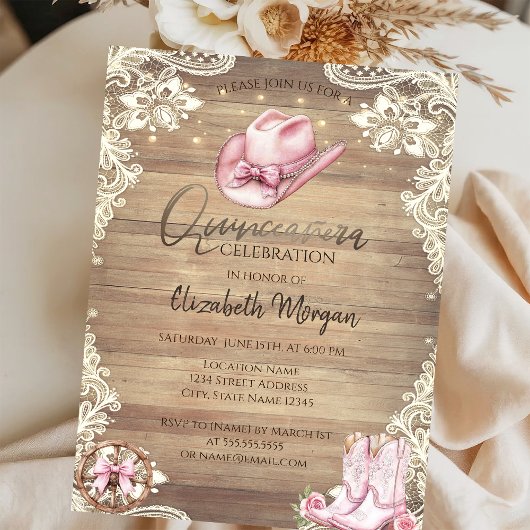 Invitation Rustic Lace,Lights Cowgirl Boots Hat Quinceañera