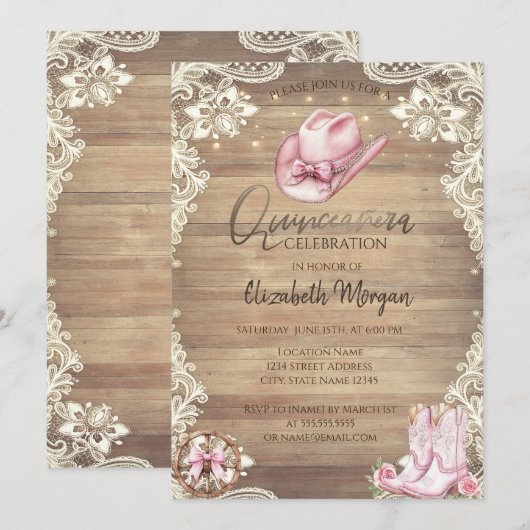 Invitation Rustic Lace,Lights Cowgirl Boots Hat Quinceañera (Devant / Derrière)