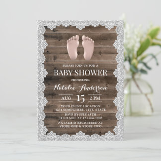 Invitation Rustic Laced Grange Bois Baby shower pieds bébé