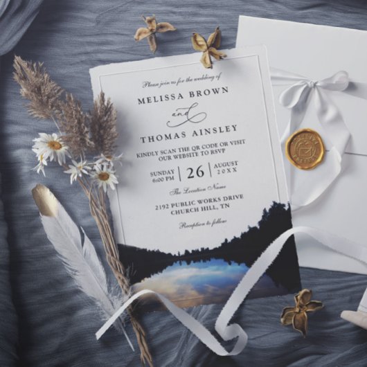 Invitation Rustic Lake Reflections Lakeside QR Code Wedding