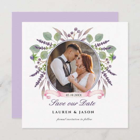 Invitation Rustic Lavender Enregistrer la date Photo carré In (Devant / Derrière)
