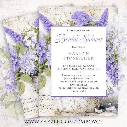 Invitation Rustic Lavender Flowers Tin Bucket Bridal Shower |