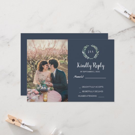 Invitation Rustic leaves on wood monogram photo RSVP Wedding (Devant/Arrière en situation)