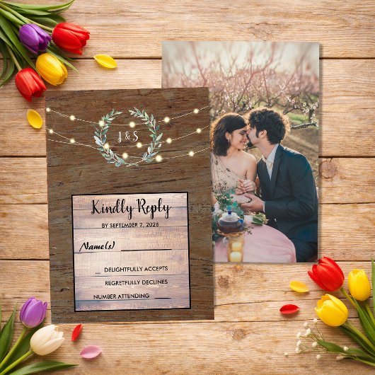 Invitation Rustic leaves wood string lights Wedding RSVP 