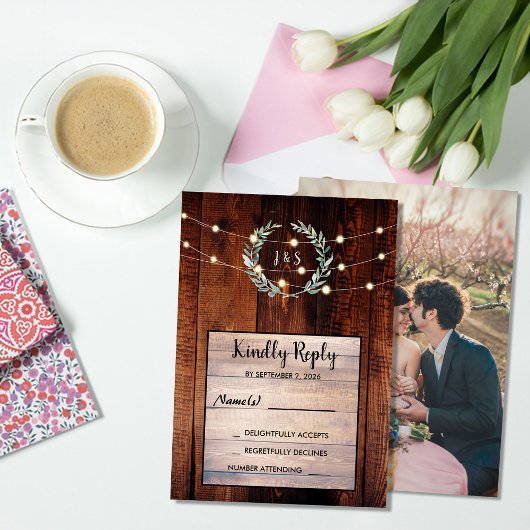 Invitation Rustic leaves wood string lights Wedding RSVP 