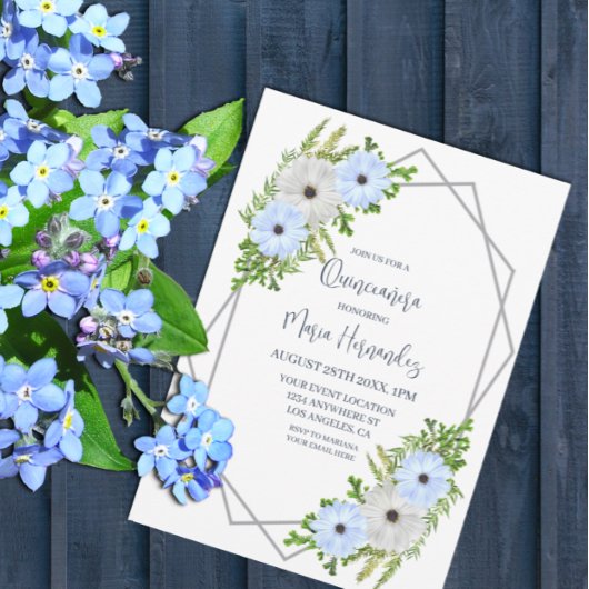 Invitation Rustic Light Blue and White Floral Quinceañera 