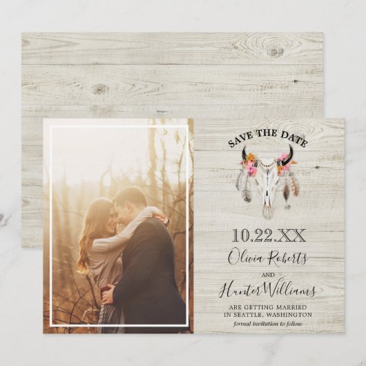 Invitation Rustic Light Wood Antler Photo Enregistrer la date (Devant / Derrière)